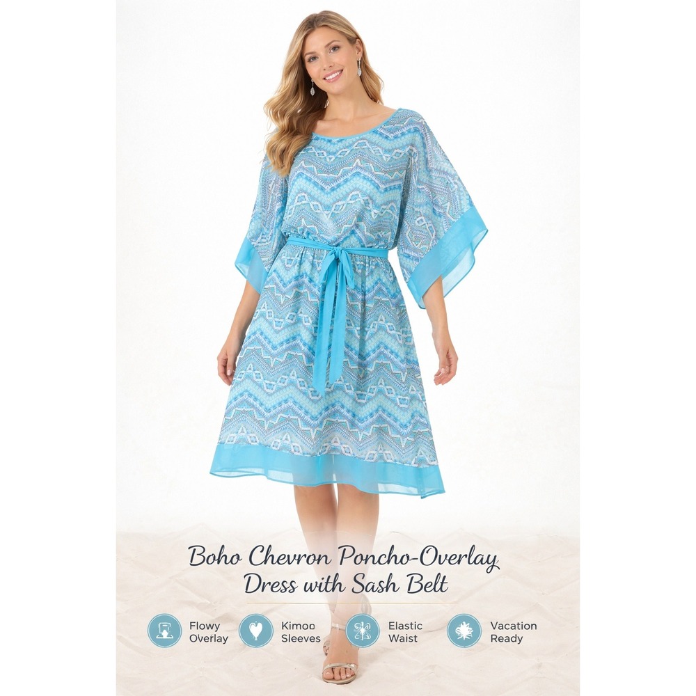 Blue Geo Chevron Boho Dress 14 Turquoise Belted Lined Short Sleeve Resort
